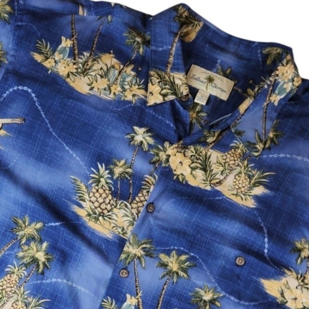 Island Shores Short Sleeve Button Up Hawaiian Camp Shirt Size XL 100% Rayon Blue